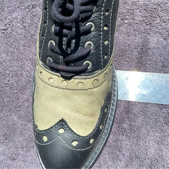 John Fluevog Adrians Amanda Saddle Shoe Loafer Leather Size 8 Womens Black Khaki - Picture 15 of 16